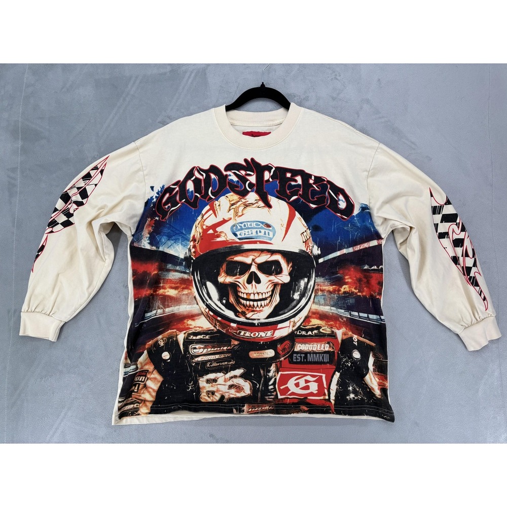 Godspeed Shirt Mens Large White Racing Skull Long Sleeve Out Of Many One Limited